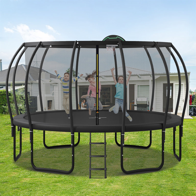 16FT Trampoline For Kids With Upgraded Arcpole And Composite Toploop For Safety Enclosure, Plus Basketball Board And 12 Ground Stakes, Outdoor Recreational Playset Balance Physical Training Trampoline