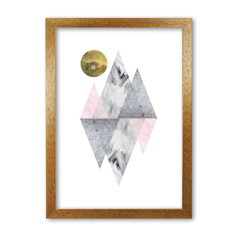 Pink And Grey Diamonds With Gold Moon Abstract - Print, 42 cm H x 30 cm W x 5 cm D, Honey Oak Frame