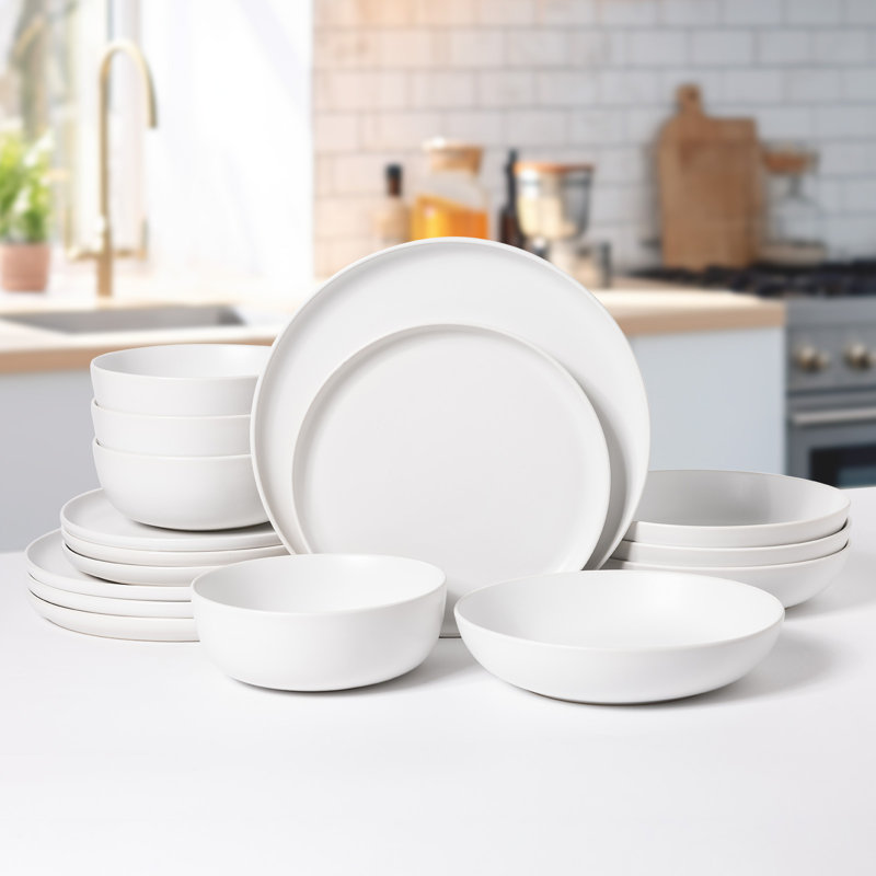 Service de table en grès 16 pièces ALOFMO Pure avec bol à pâtes - Service pour 4, Blanc