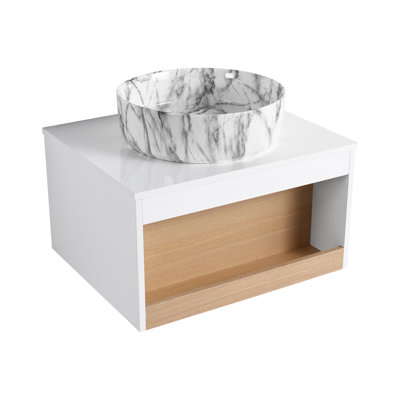 Meuble-lavabo flottant 24 po avec lavabo vasque en marbre veiné gris 24 po - Meuble-lavabo mural moderne avec rangement ouvert, finition blanc et chêne clair pour petits espaces
