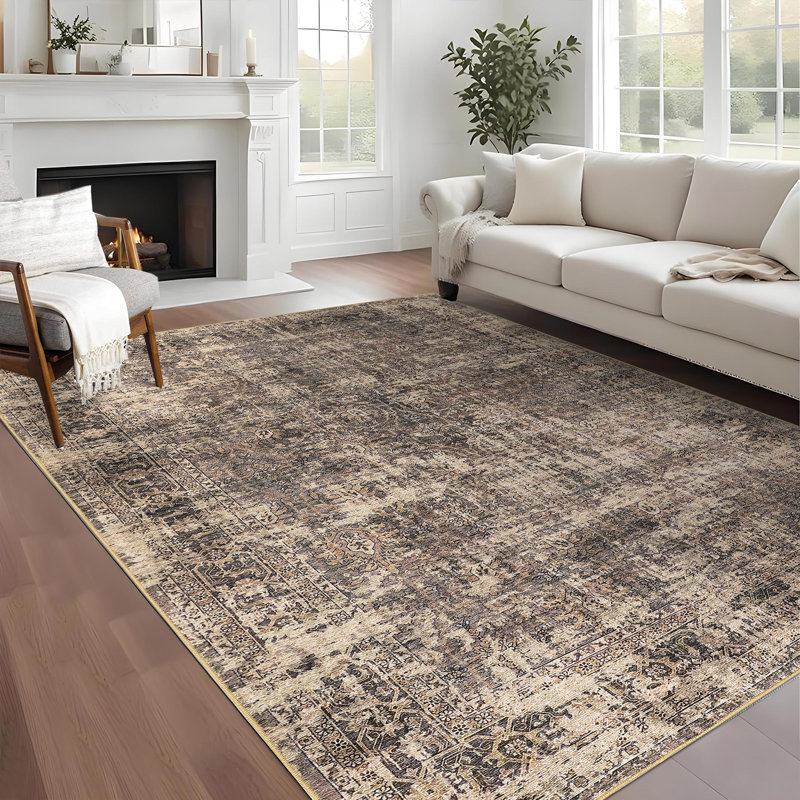 Machine Washable Rug Oriental Vintage Non-Slip Low Pile Rubber Backing Area Rug for Living Room Bedroom Kitchen Dining Room