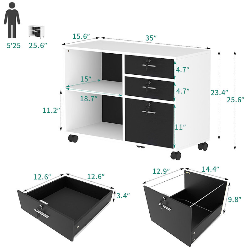 Alday 35"W 3-Tiers Storage File Cabinet with locking Drawers & Casters, White / Black