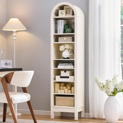 Bibliothèque à 8 niveaux avec rangement - Bibliothèque de style campagne moderne avec tablettes réglables, tablettes ouvertes pour le salon ou le bureau - Blanc antique