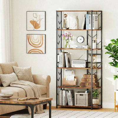 6-Tier Modern Geometric Freestanding Bookshelf, Reinforced Rust-Resistant Heavy-Duty Metal Frame & Anti-Tipping Safety Kits, Fits Living Room, Study, Home Office
