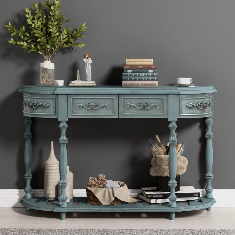 Console 52 po avec 4 tiroirs et tablette ouverte, Bleu antique