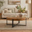Table basse ronde rétro avec plateau en bois de sapin et pieds croisés-131269584