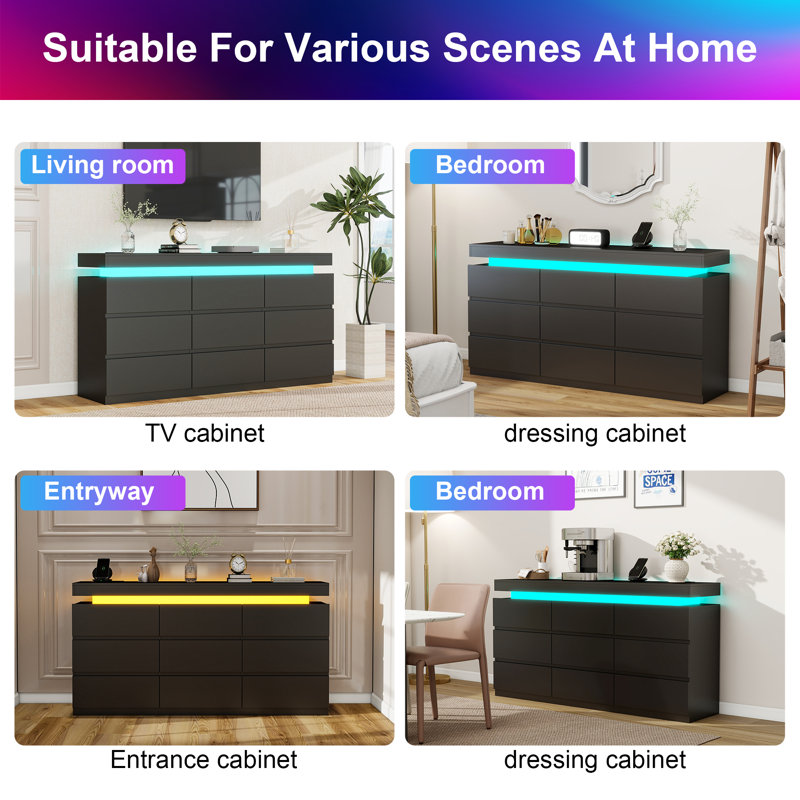 Commode moderne à 9 tiroirs avec éclairage DEL et station de charge intégrée - blanc / noir (rangement très profond), Noir