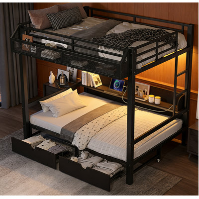 Twin Xl Over Twin Xl Multifunctional metal Bunk Bed With Storage Shelves And Drawers, Featuring Led Light Strips And Usb Ports, Lower Bed Converts Into A Sofa, Black