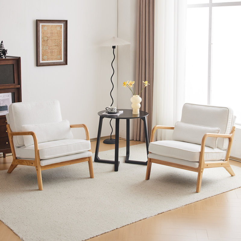 Fauteuils rembourrés en bois massif Lemley, Velours côtelé blanc