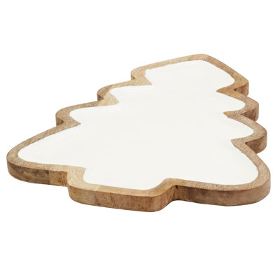 Holiday Serveware 14" MANGO WOOD W/ ENAMEL WHITE CHRISTMAS TREE