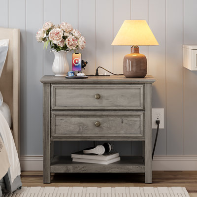  Modern 26.7''w 2-drawer Nightstand With Charging Station And Open Shelf