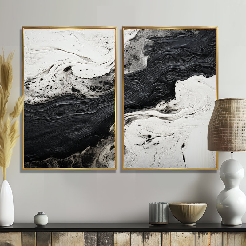 Black And White Paint River I - Black Art Prints On Canvas, 36" H x 48" W, Impression encadrée flottante, Gold