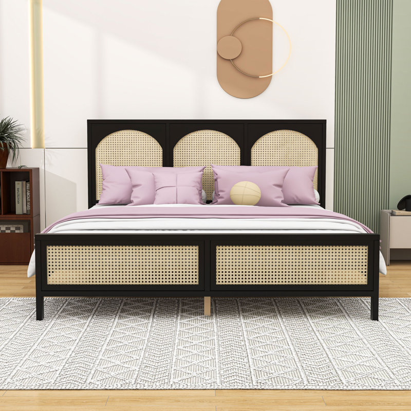 Wooden Platform Bed with Rattan-Decorated Headboard and Durable Frame, Black/Beige, King