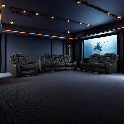 POPO-3-Piece Vegan Leather Power Reclining Living Room Sofa Set with LED Lights and Wireless Charger