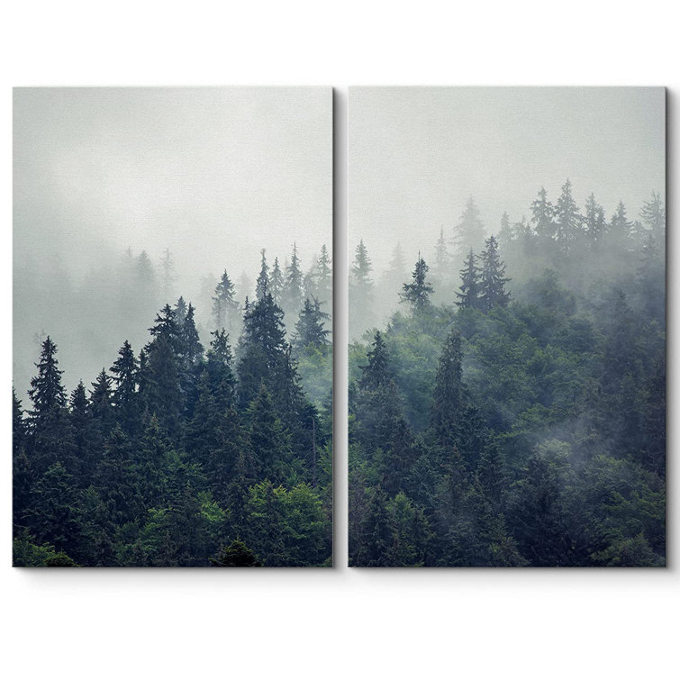 Grey green misty pine forest landscape Wall Mural | Misty Pine