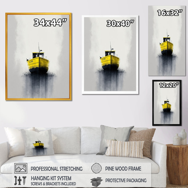 Décoration murale bateau de brouillard jaune sur le lac III - Bateau côtier, H 32 po x l 16 po x P 1 po, Toile tendue