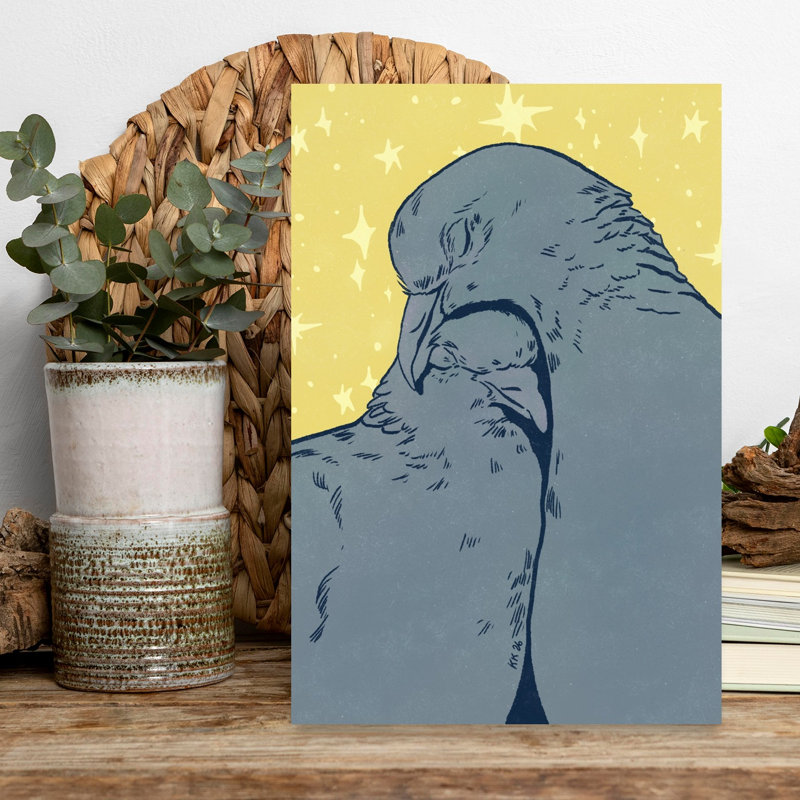 Cuddling Pigeons Under Stars Dreamy Peaceful Abstract Bird Landscape Nature Wall Art Print by Katariina Kosunen - Print