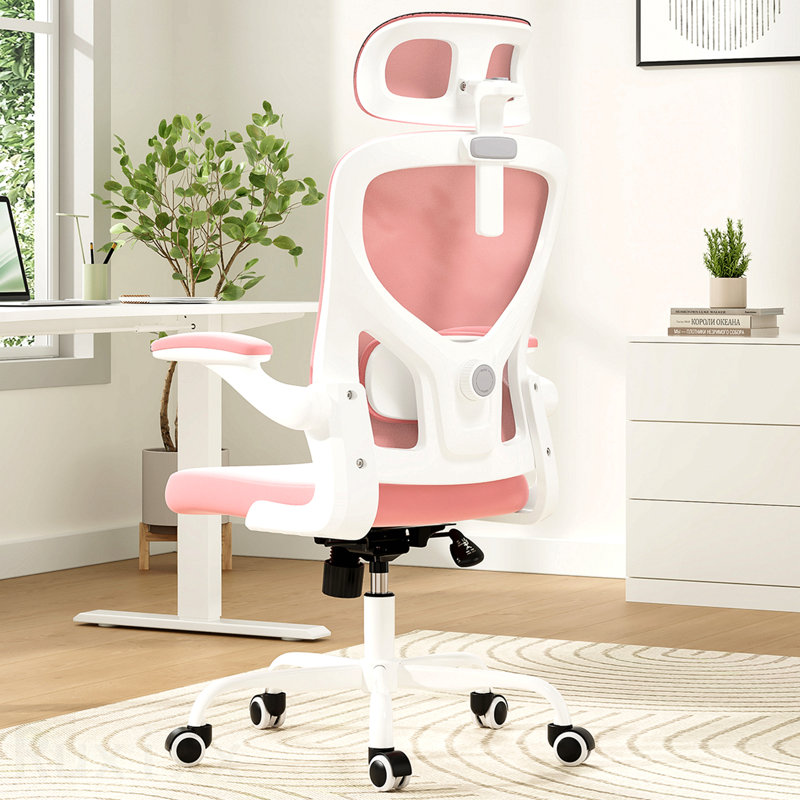 White & Pink Ergonomic Office Chair, Home Office Desk Chair, With Headrest, High Back Computer Chair, Armrests And Adjustable Lumbar Support For Home Office Study Room