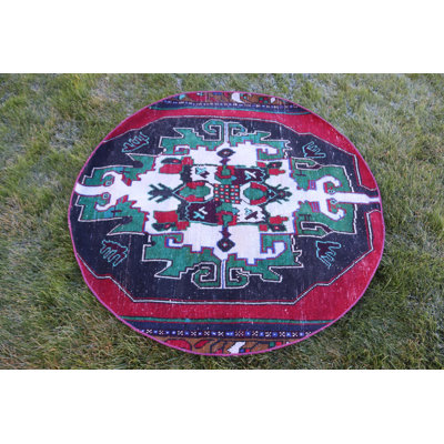 Bohemian Style Hand-Knotted Antique Green Round Turkish Rug for Vintage-Inspired Decor