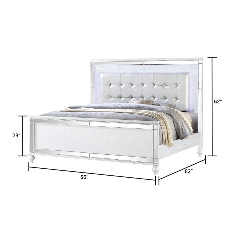 Denard Upholstered Standard 4 Piece Bedroom Set, White, 4 Pcs: Bed, Nightstand, Dresser, Mirror, Full/Double