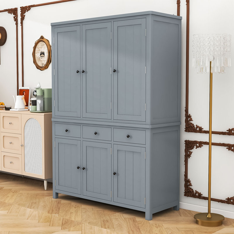 Garde-manger de 75 po de hauteur avec 6 portes, 3 tiroirs, 7 tablettes réglables et plateaux coulissants, Gris