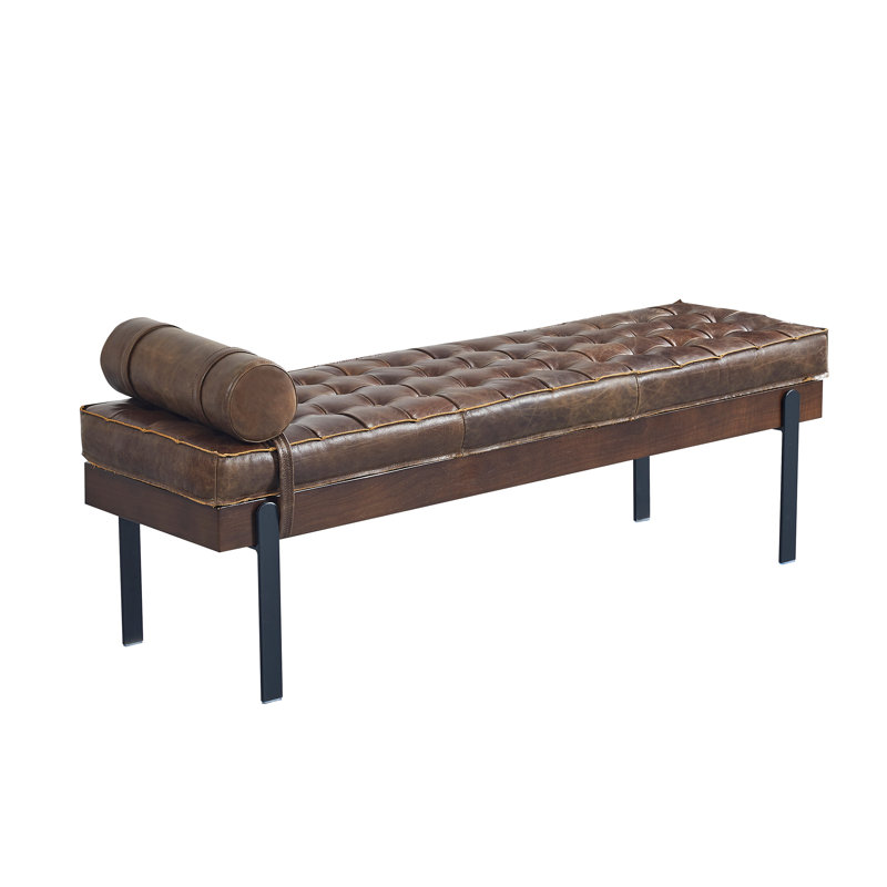 Clarkson Solid Wood Frame Genuine Leather Bench, Brown