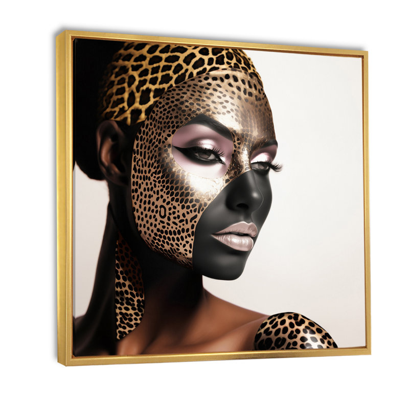 " Bohemain Model With Leopard Pattern ", 36" H x 36" W x 1.5" D, Gold Floater Framed