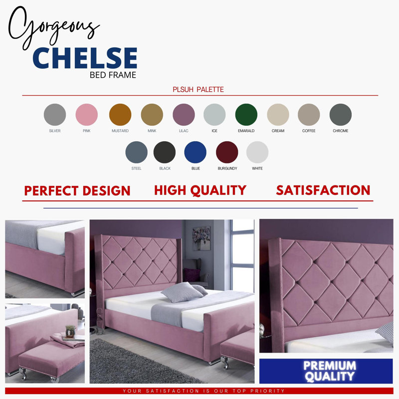 Descanso Chesterfield Velvet Upholstered Bed Frame - Buttoned Headboard, Chrome Feet, Single (3'), Lilac