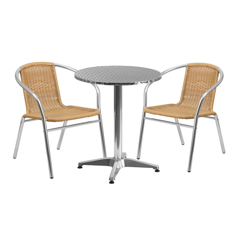 DuJuan 31.5'' Round Aluminum Indoor-Outdoor Table Set with 2 Rattan Chairs, Black, 27.5"W x 27.5"D x 27.5"H