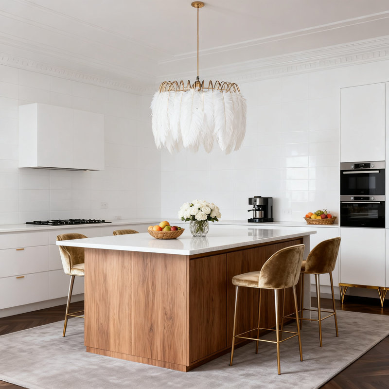 Light Luxury Gold Feather Pendant Light, Height Adjustable With E26 Light Bulb Included