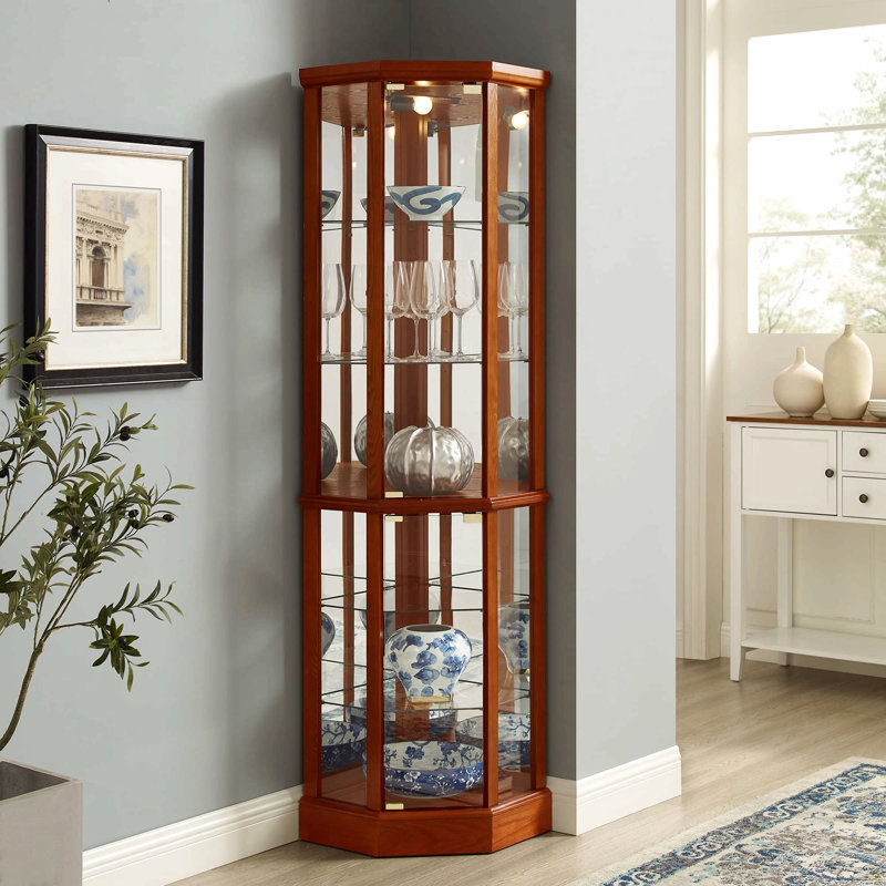 6 Shelf Lighted Corner Curio Cabinet With Adjustable Tempered Glass Shelves, Oak