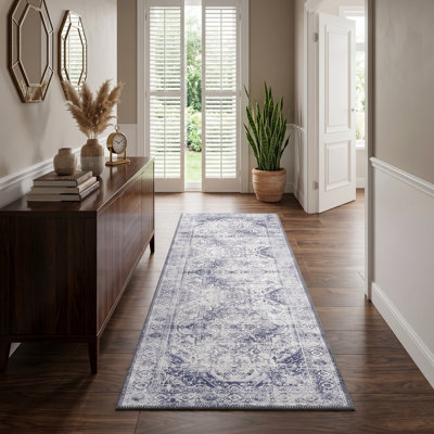 Zehorit Machine Washable Vintage Area Rug in Blue/Beige/White for Living Room, Hallway Runner, Entryway Rug