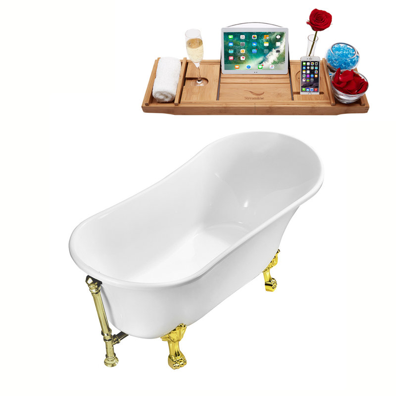 Baignoire de trempage sur pieds en acrylique 55 "avec bonde, pattes et plateau en bambou Streamline, Nickel brossé, Or poli