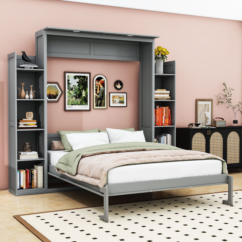 Lit escamotable avec tablettes intégrées et lumières DEL, Grand lit, Gris