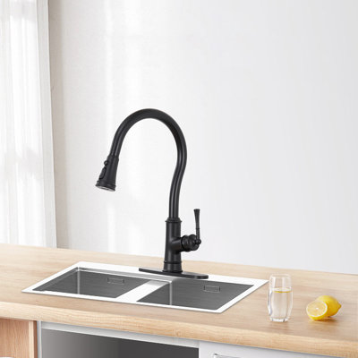 Kitchen Faucet With Pull-Down Sprayer, High Arc Single Handle Single Hole Kitchen Faucet, With Deck For Farmhouses Campervans Laundry Rvs