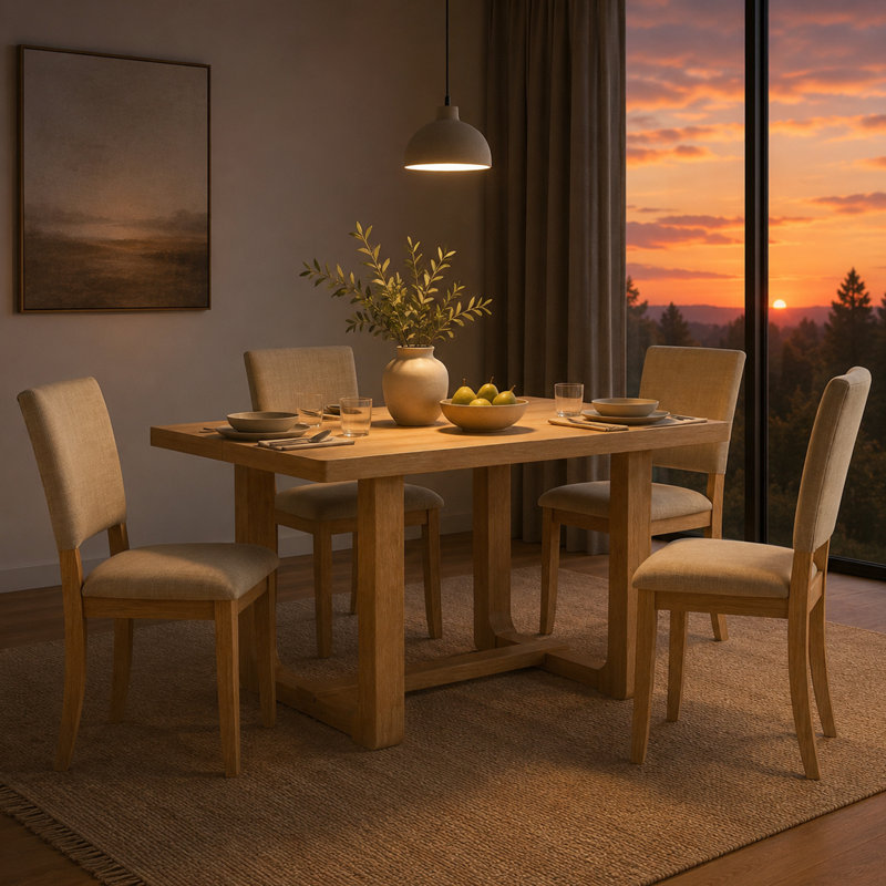Modern 5-Piece Solid Wood Dining Table Sets For 4, Kitchen Table Set With 4 Upholstered Chairs, Beige, Natural