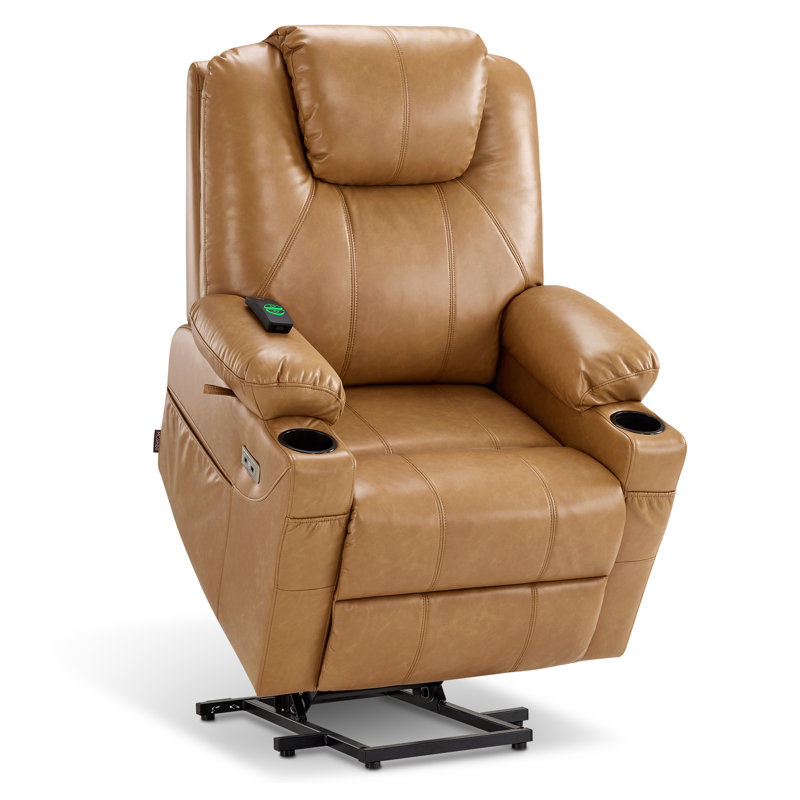 Medium Power Recliner Lift Chair With Massage And Heat, Faux Leather, Tawny