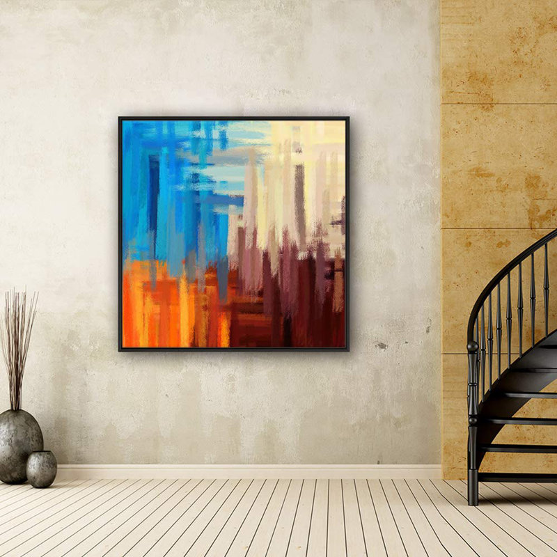 Bleu, blanc, brun, peinture orange, champs, formes abstraites, art moderne, alternative encadrée sur toile, Noir