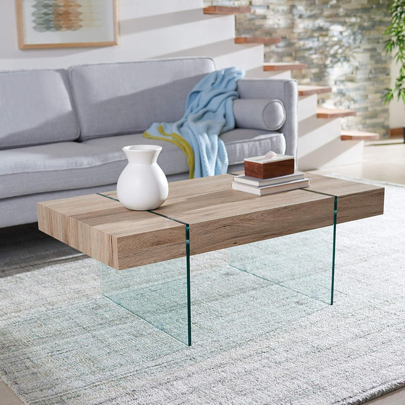 Rectangular Floating Coffee Table – Glass Legs With Modern Architectural Design, Natural Finish