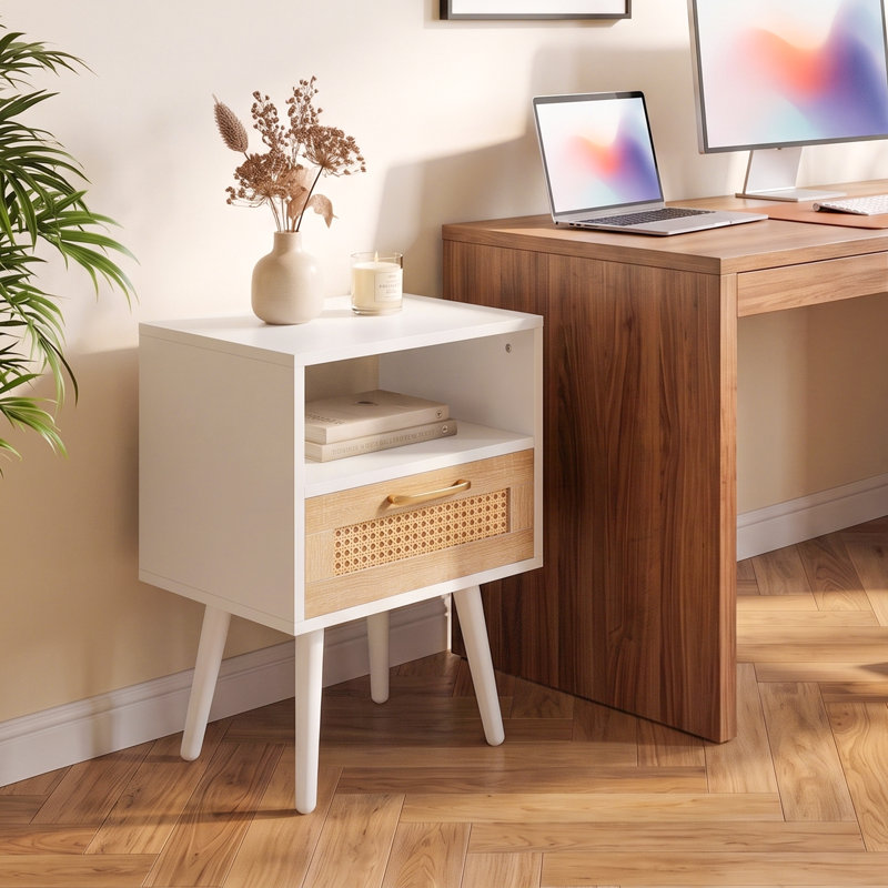 Table de chevet moderne en rotin avec tiroir et tablette ouverte, pieds en bois massif, Blanc
