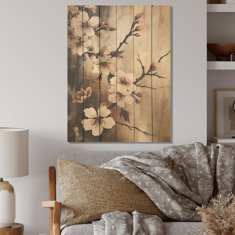 «Cherry Blossoms Brown Dark Solitude», art mural en bois de cerisier sur bois de pin naturel, H 20 po x l 10 po