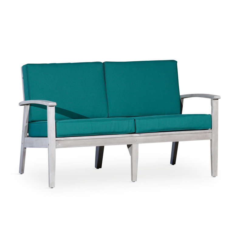 Causeuse en eucalyptus avec coussins, finition gris argenté, coussins vert foncé