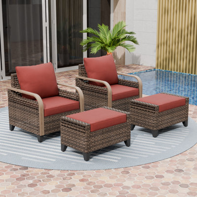 4-Piece Outdoor Patio Brown Wicker Wood Grain Armrest Dining Lounge Chair Conversation Set with Cushion, Ottomans