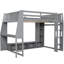 Lit mezzanine de jeu gris en bois avec bureau, rangement, support à vêtements à DEL et suspendu-311246261