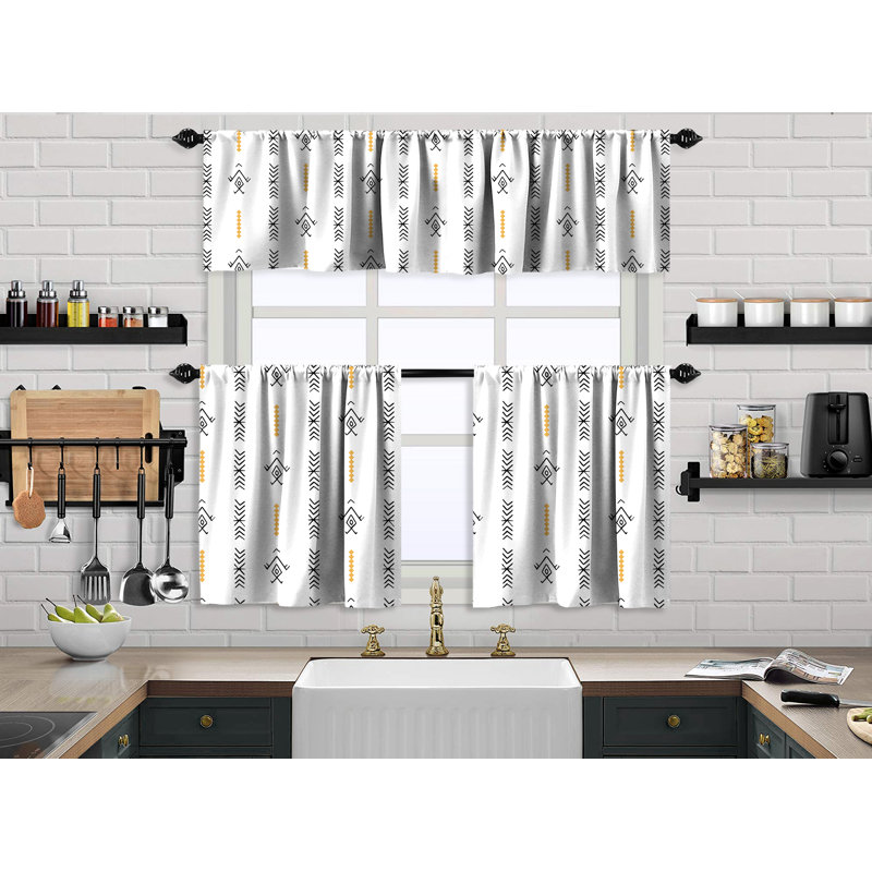 Boho Design Kitchen Valance (50X14) And 2 Tiers Cafe Curtains, Ecru, 24" W x 40" L