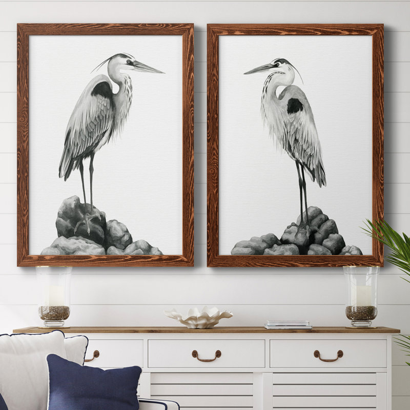 Shoreline Heron en toile de qualité supérieure - Prêt à accrocher, Toile encadrée noyer, H 20 po x l 34 po x P 1,5 po