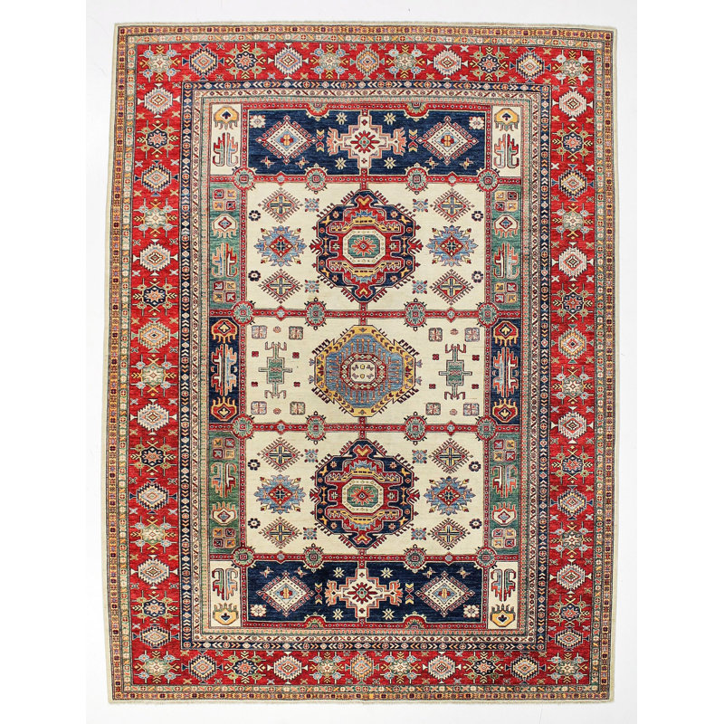 Tapis unique en laine ivoire / rouge 9 pi x 11 pi 11 po Tribal One-of-a-Kind Tribal