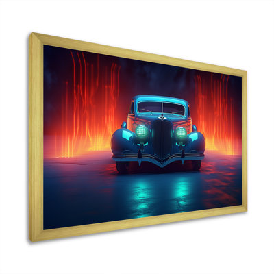 «Neon Light Strips Indigo Vintage Car I», reproduction d'art sur toile rétro