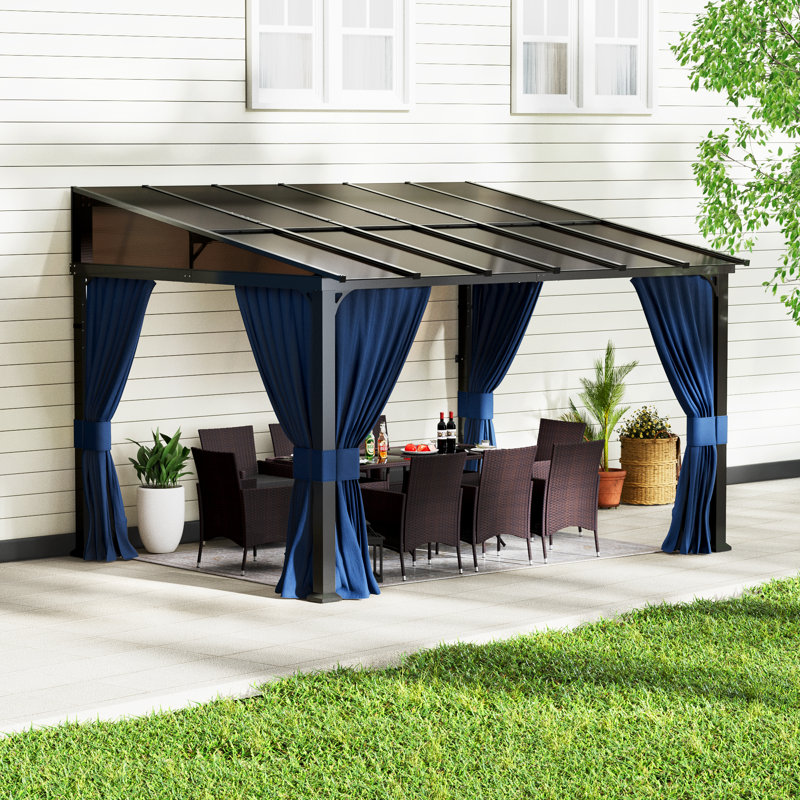 10X12 Outdoor Polycarbonate Hardtop Gazebo With Slope Roof And Curtains, 101.4" H x 146.1" W x 109.3" D