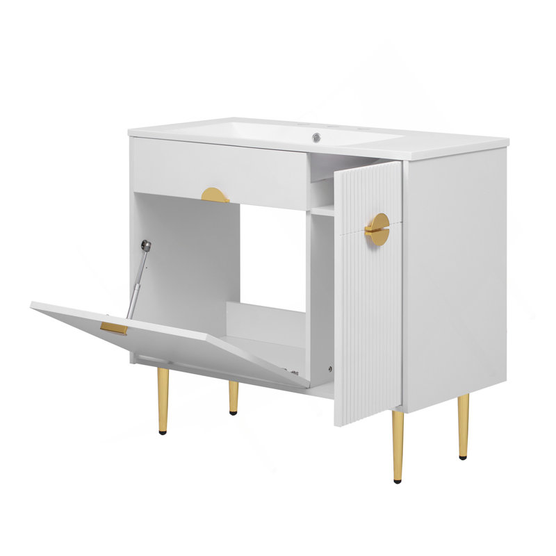 Meuble-lavabo de 36 po avec lavabo en résine, meuble-lavabo moderne, armoire de rangement avec porte à fermeture en douceur et porte rabattable